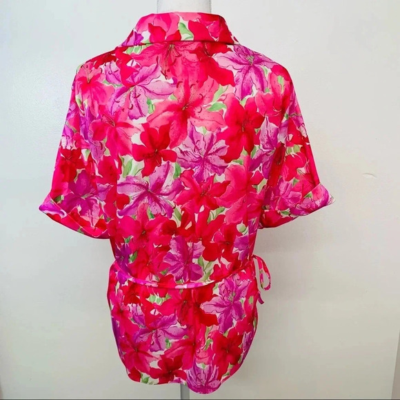 Vintage Pink Floral Blouse Large‎ Pop Over  Waist Tie Office Boho Classic USA - Picture 6 of 9